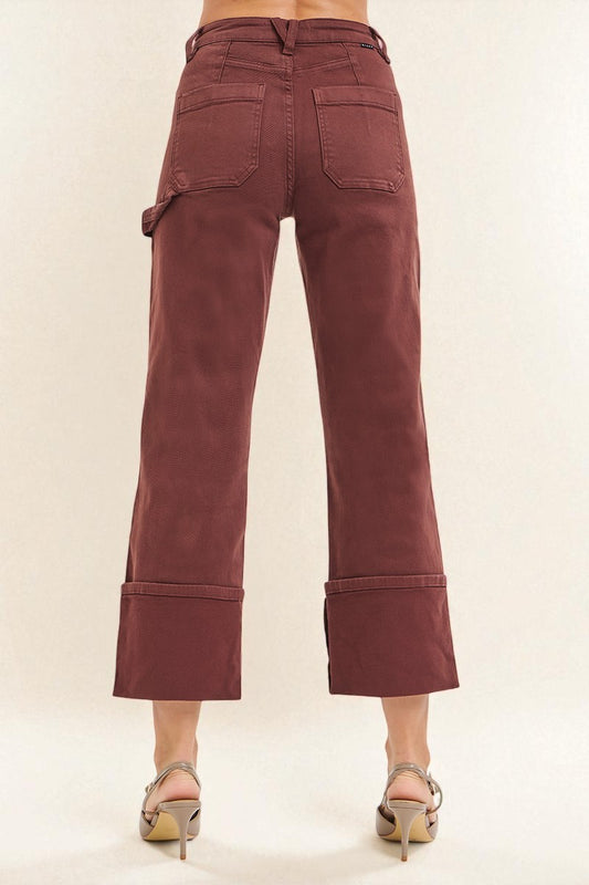 Mahogany Brown Utility Wide Cuff Crop Jeans