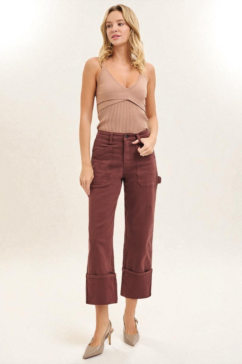 Mahogany Brown Utility Wide Cuff Crop Jeans