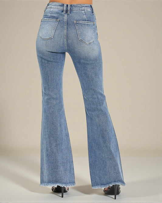 Jean évasé taille haute à ourlet brut et délavage moyen