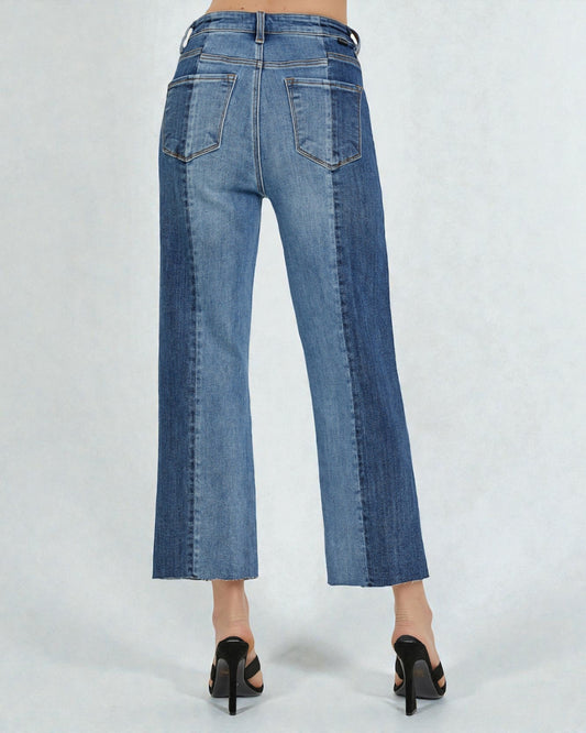 Two-Tone High Rise Cropped Wide Leg Jeans