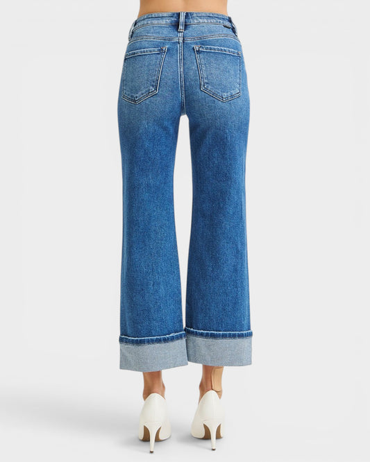 Medium Wash Cuffed Wide Leg Jeans