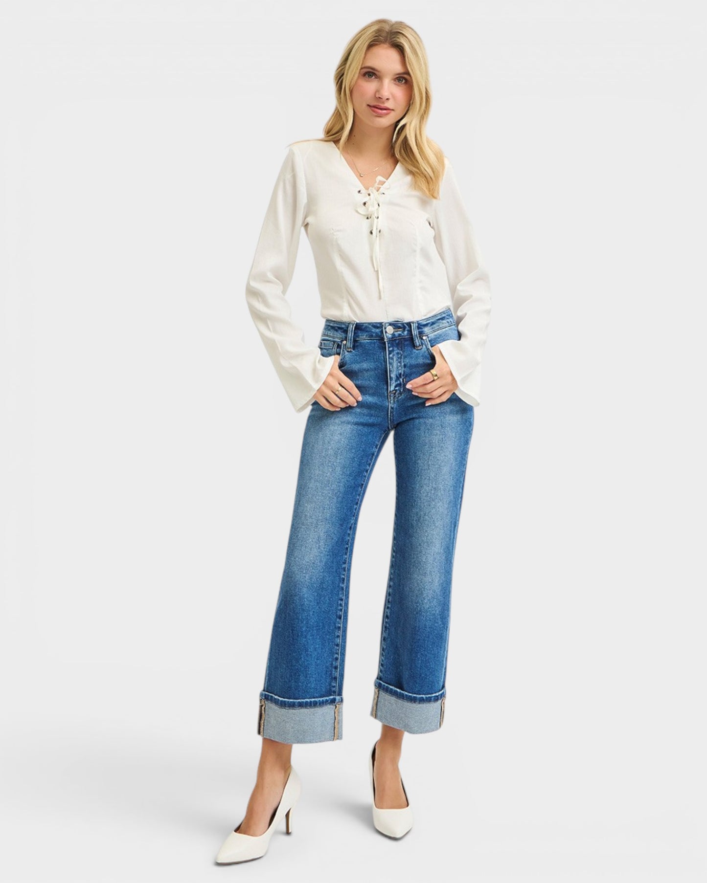 Medium Wash Cuffed Wide Leg Jeans