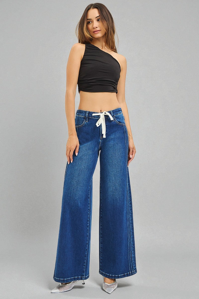 Dark Wash Drawstring Wide Leg Jeans
