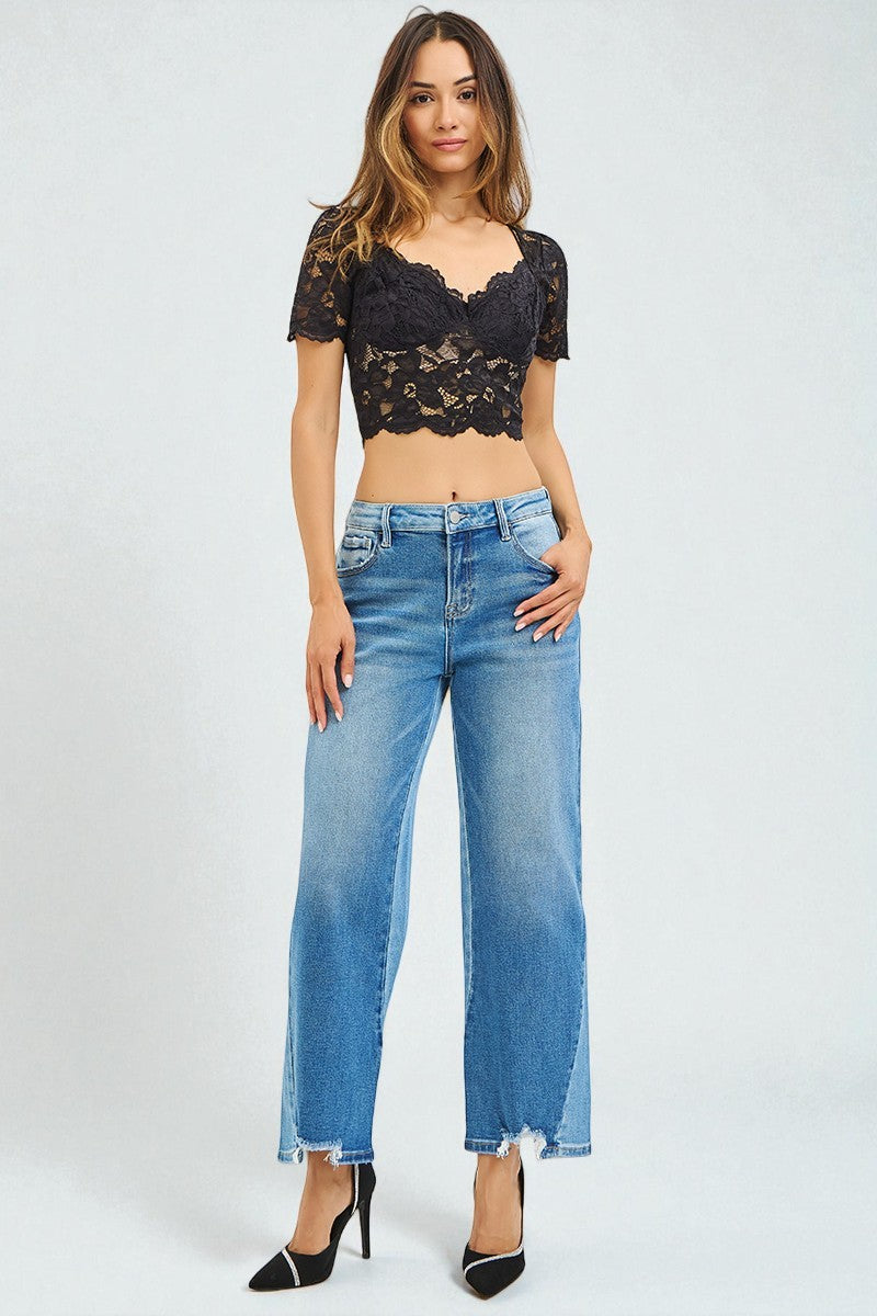 Medium Wash Frayed Hem Wide Leg Jeans