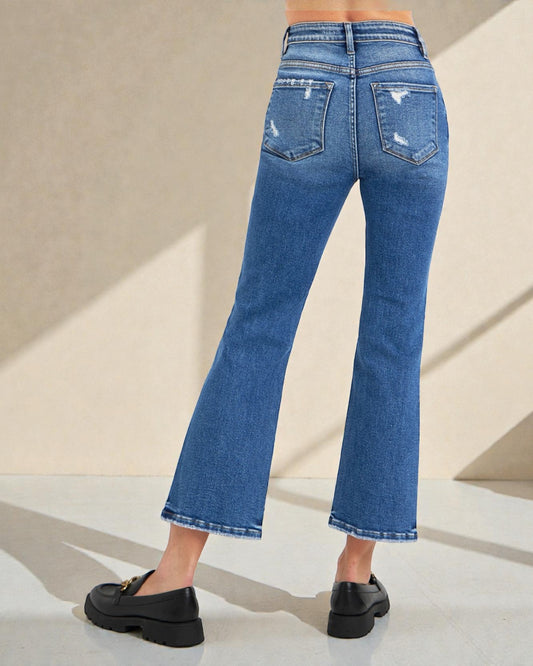 Jean bootcut taille haute effet gainant délavé foncé