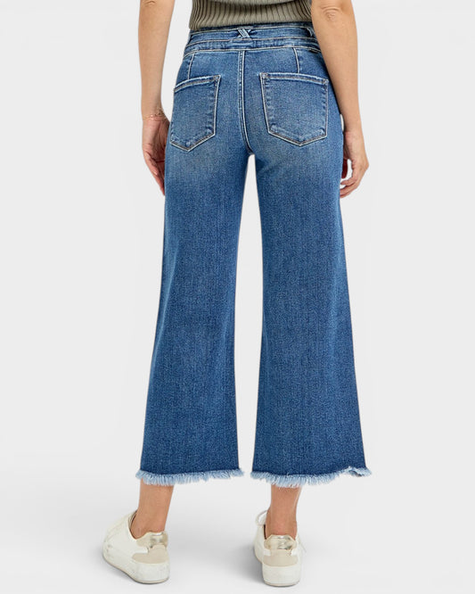 Dark Wash High Rise Frayed Hem Wide Leg Jeans