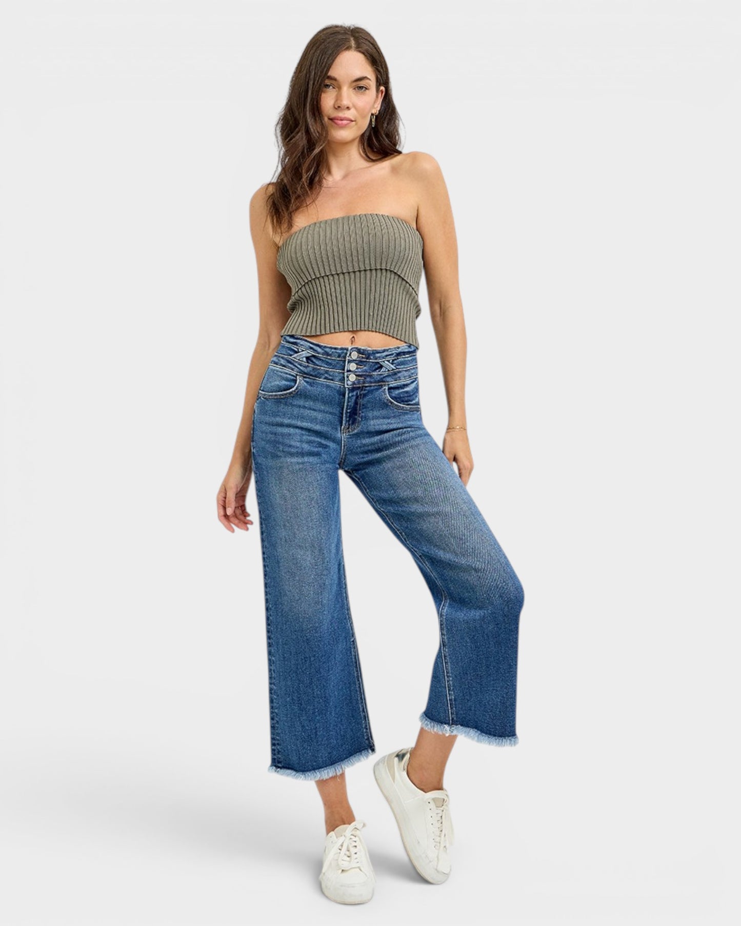 Dark Wash High Rise Frayed Hem Wide Leg Jeans