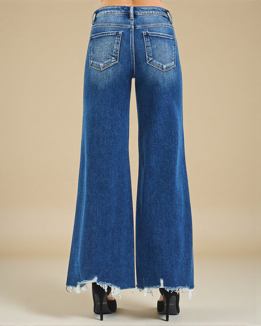 Dark Wash Wide-Leg Raw Hem Jeans