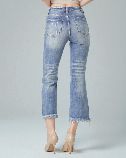 Medium Wash Distressed Cropped Flare Jeans