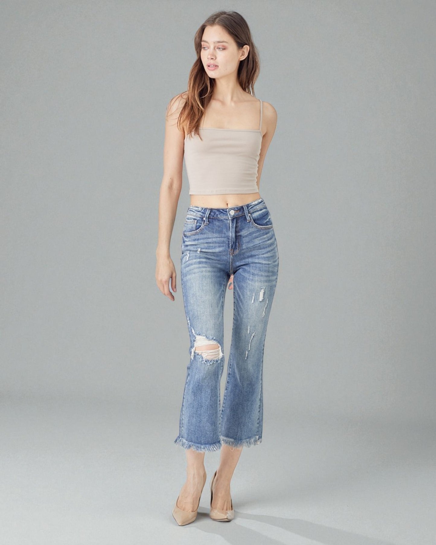 Medium Wash Distressed Cropped Flare Jeans
