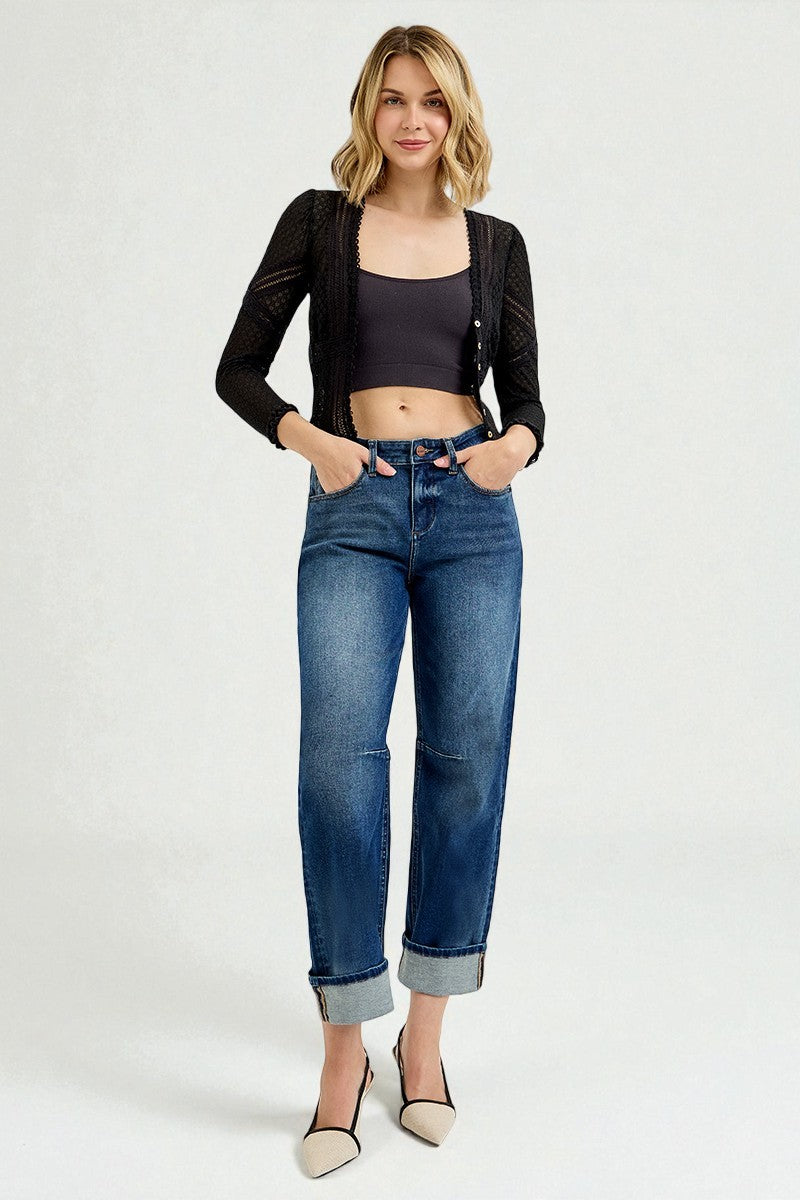 Dark Wash Cuffed Wide Leg Jeans