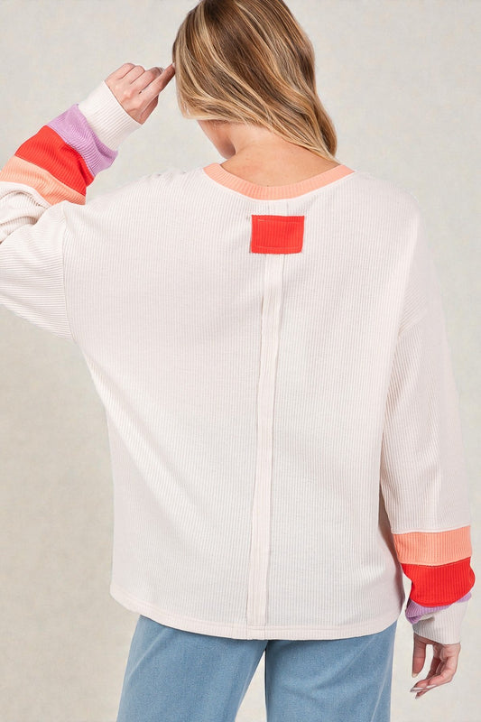 Soft Oatmeal Ribbed Colorblock Sleeve Top