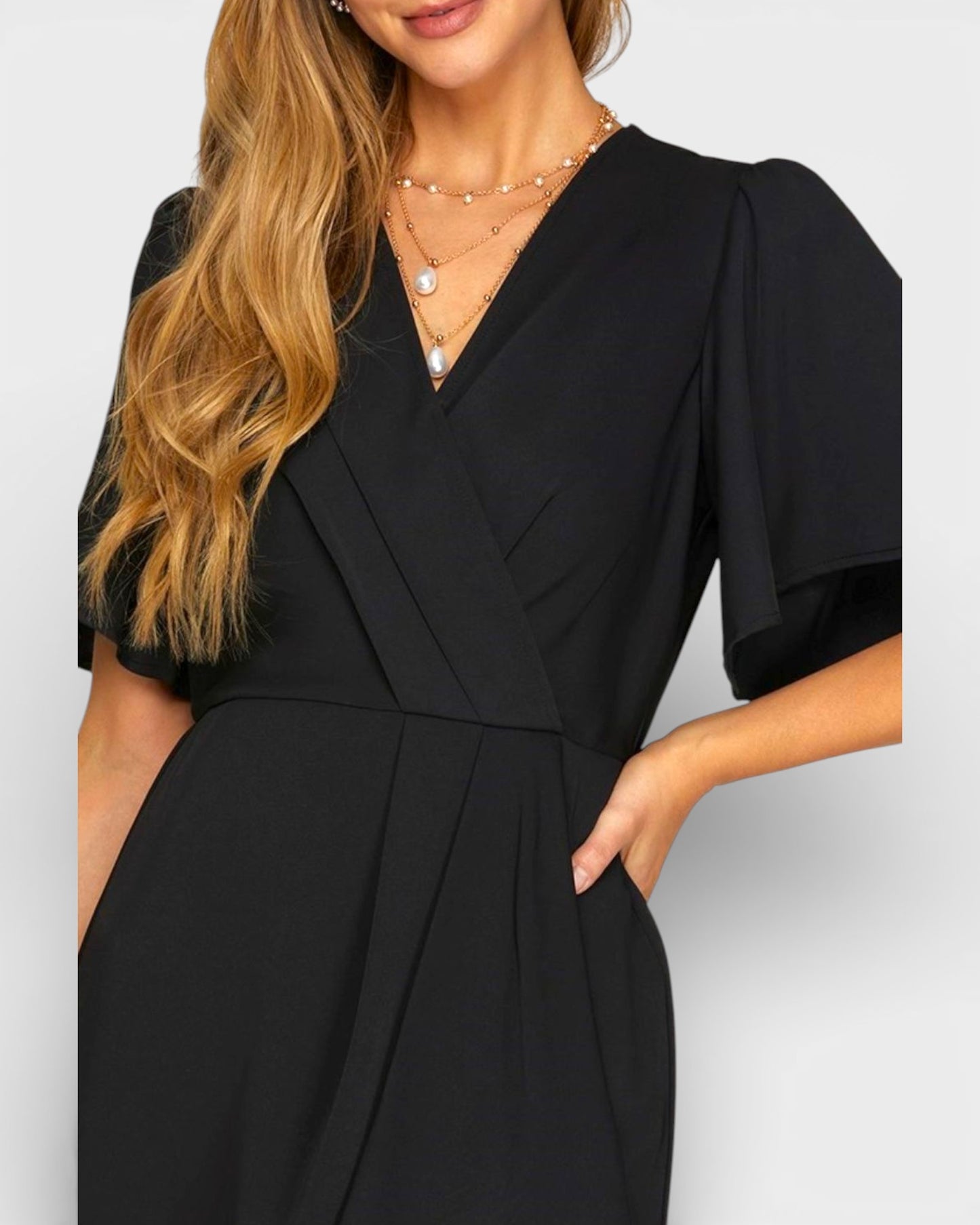 Black Flutter Sleeve Wrap Mini Dress