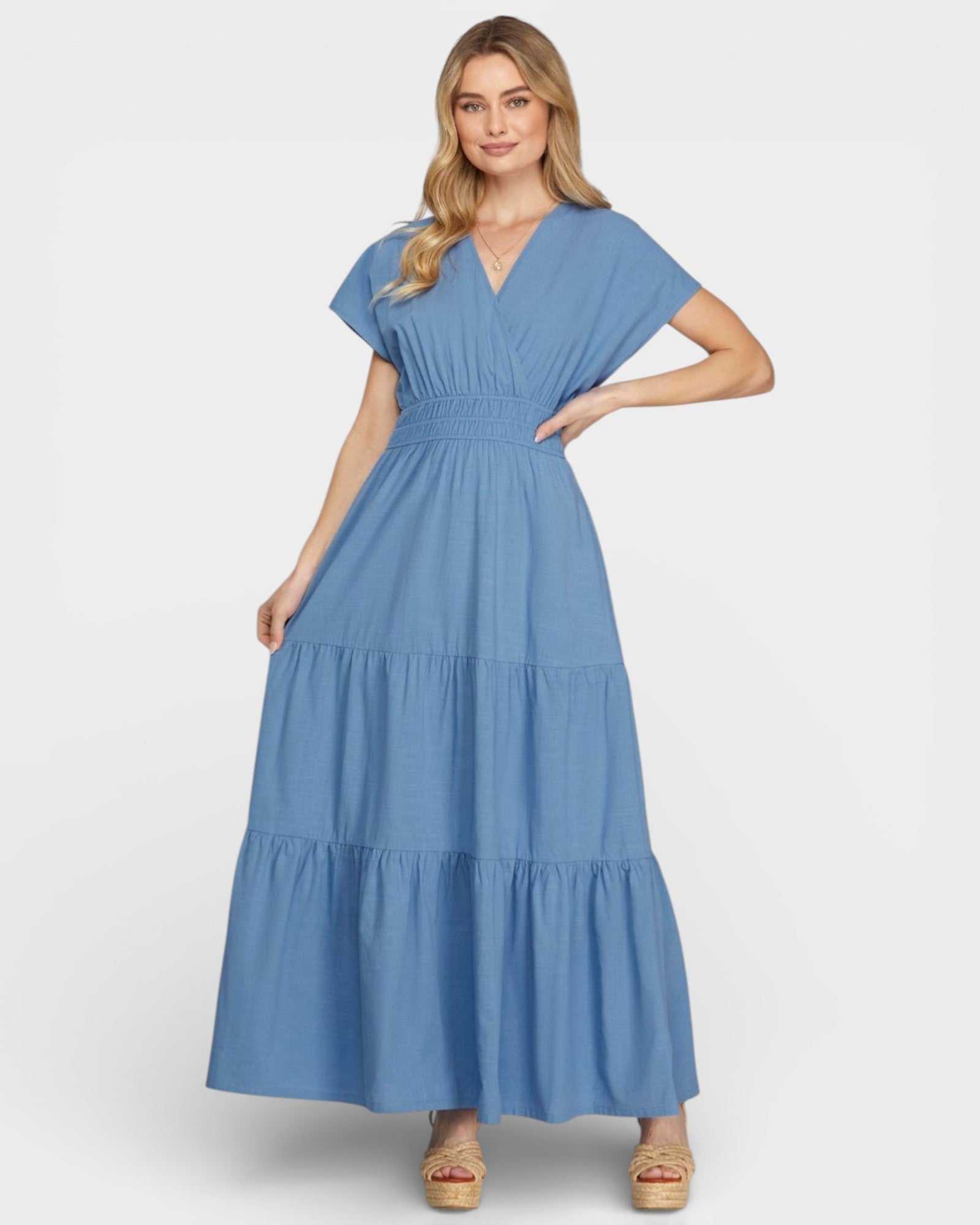 SHE+SKY Dusty Blue V-Neck Smocked Waist Maxi Dress Beach Rose Co. SHE+SKY Dusty Blue V-Neck Smocked Waist Maxi Dress Beach Rose Co.