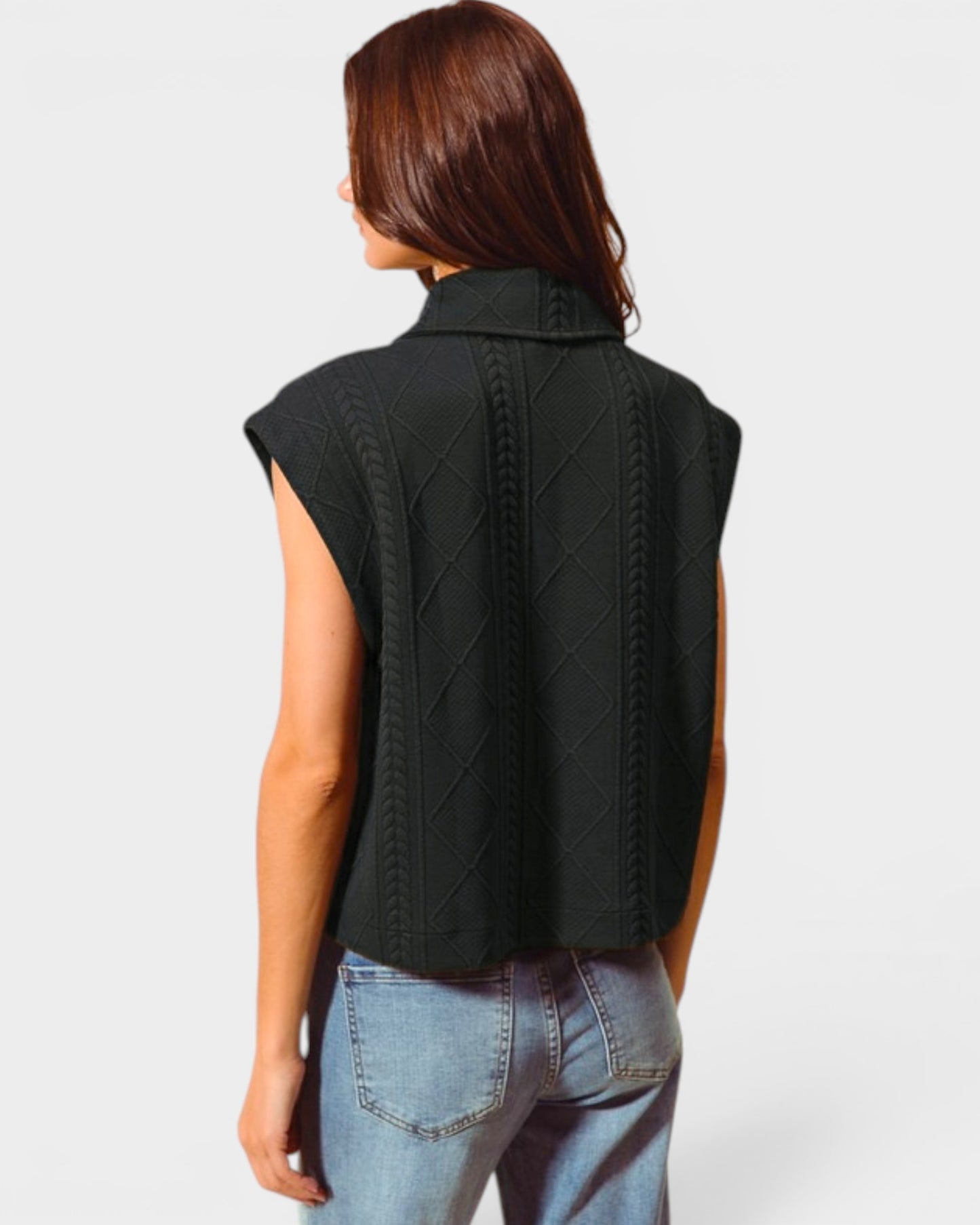 Black Textured Button Front Vest