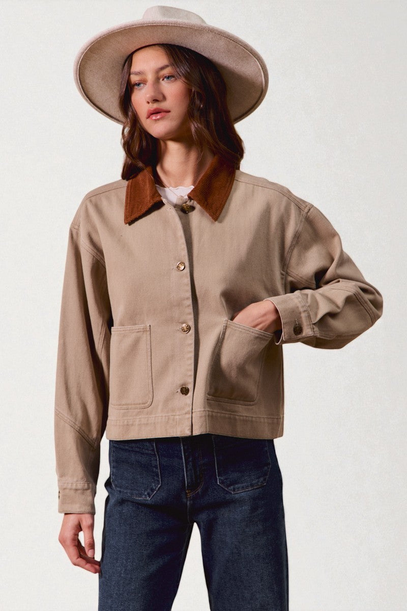 Sand Canvas Jacket with Corduroy Collar