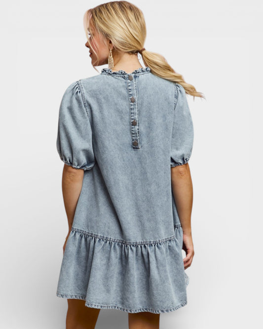 Light Wash Ruffle Neck Puff Sleeve Denim Dress