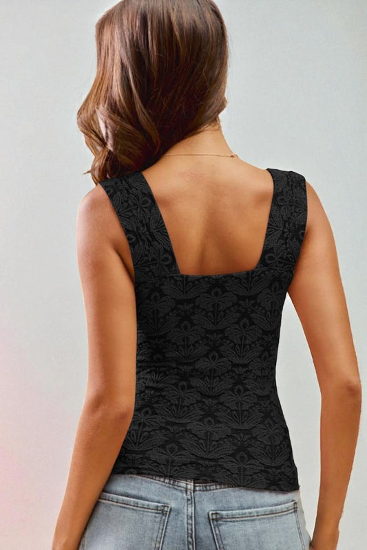Black Jacquard Square Neck Tank Top