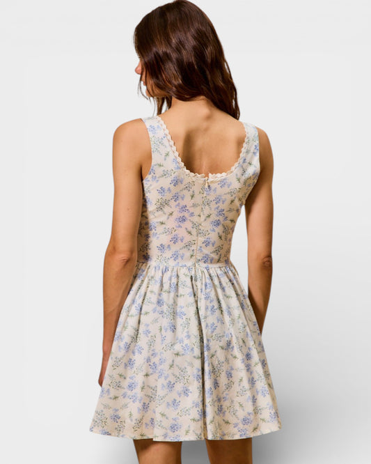 Cream & Blue Floral Sleeveless Mini Dress
