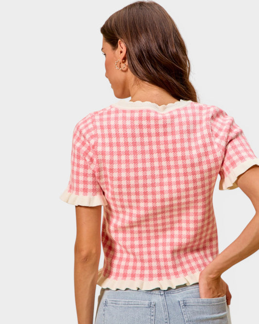 Pink Gingham Ruffle Trim Knit Top