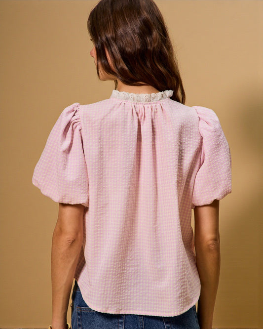 Blush Gingham Puff Sleeve Button-Up Top