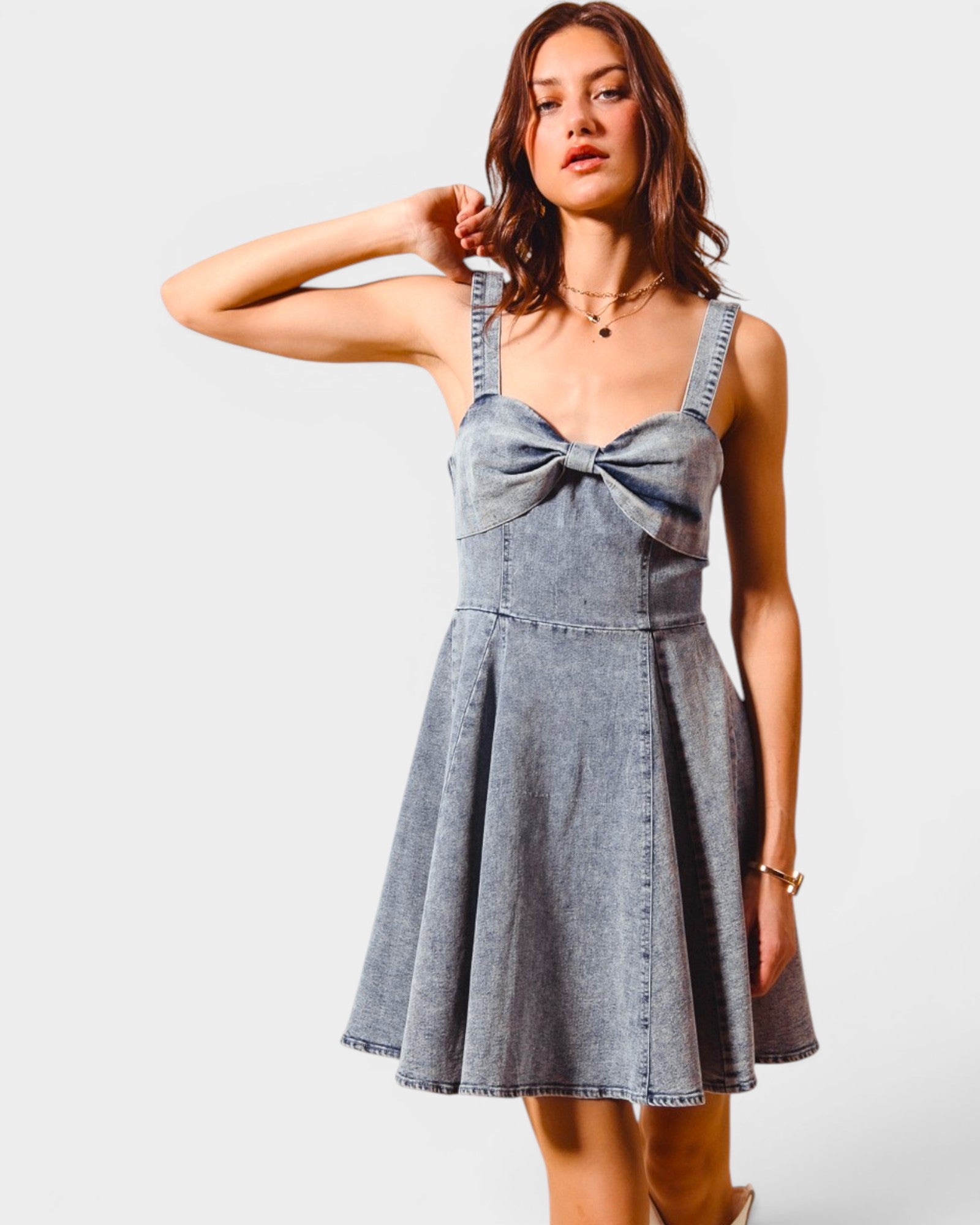 SO ME Light Wash Bow Front Denim Mini Dress Light Wash / S