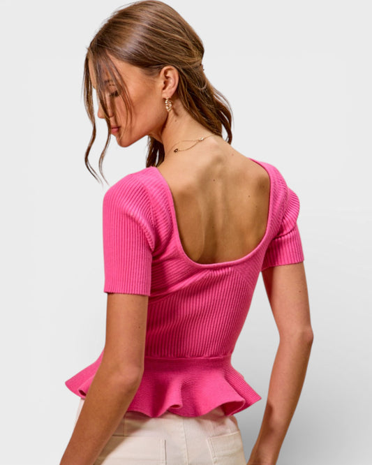 Hot Pink Ribbed Peplum Knit Top