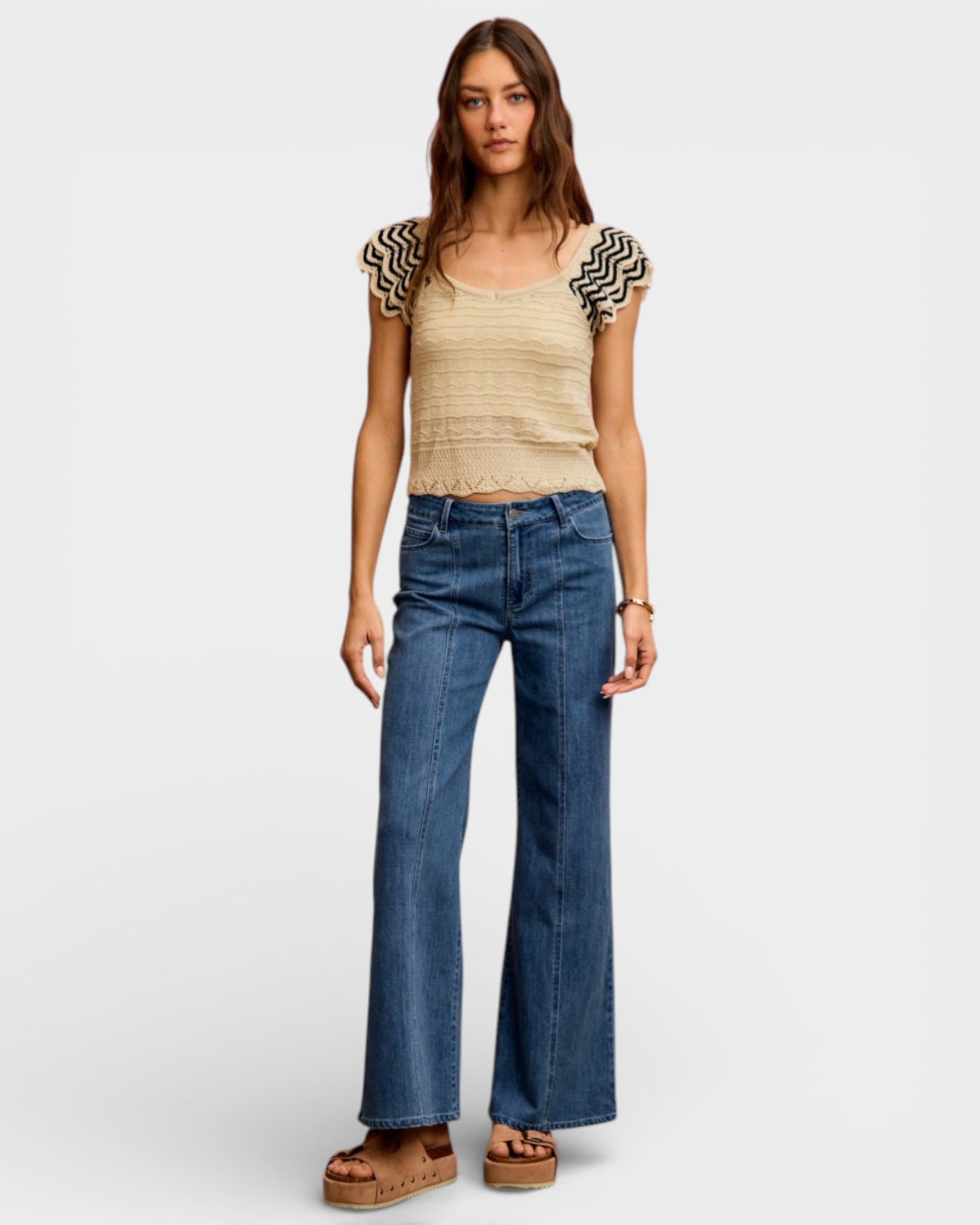 Oatmeal & Black Zigzag Sleeve Knit Top