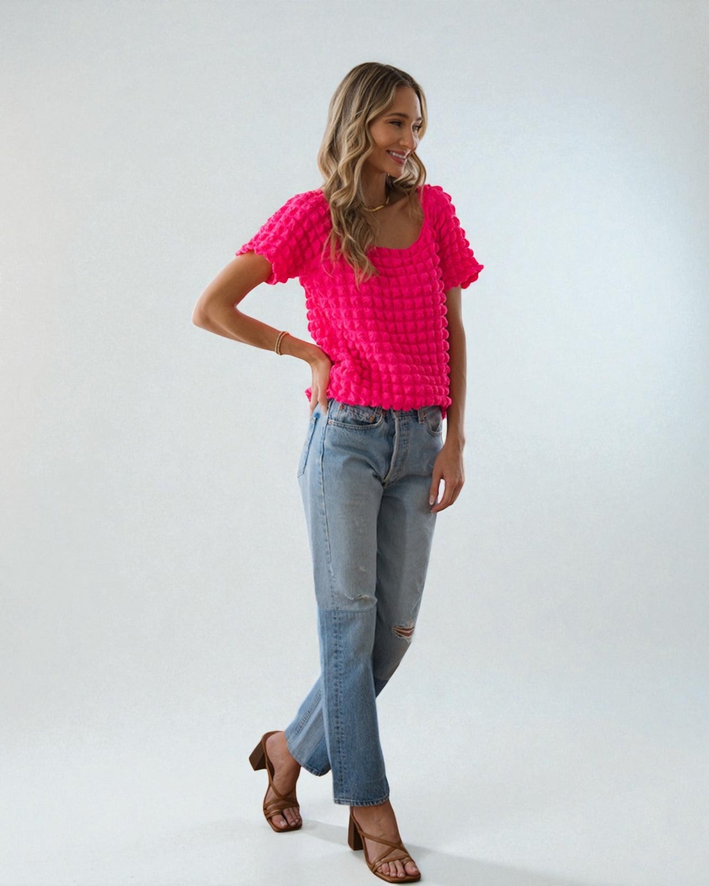 Hot Pink Textured Puff Square Neck Top