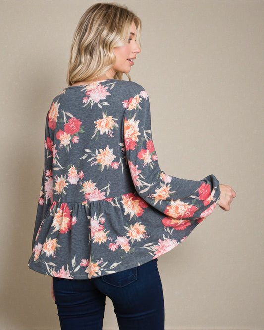 Chemisier à manches longues et basque fleuri en anthracite