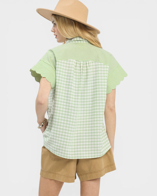 Sage & White Gingham Button Front Blouse