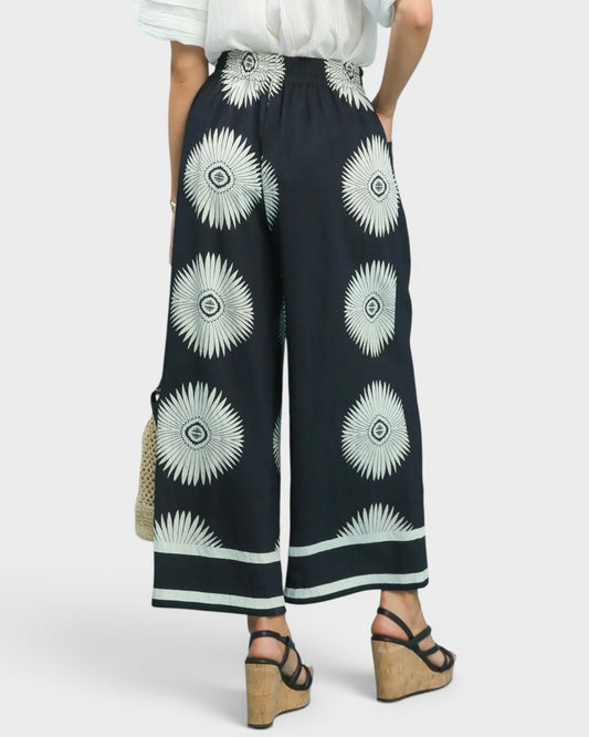 Black Sunburst Print Wide Leg Pants