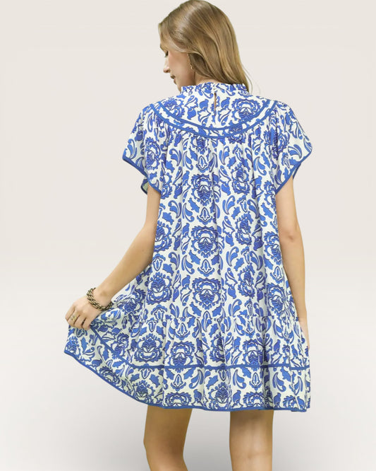 Ivory & Cobalt Damask Mini Dress