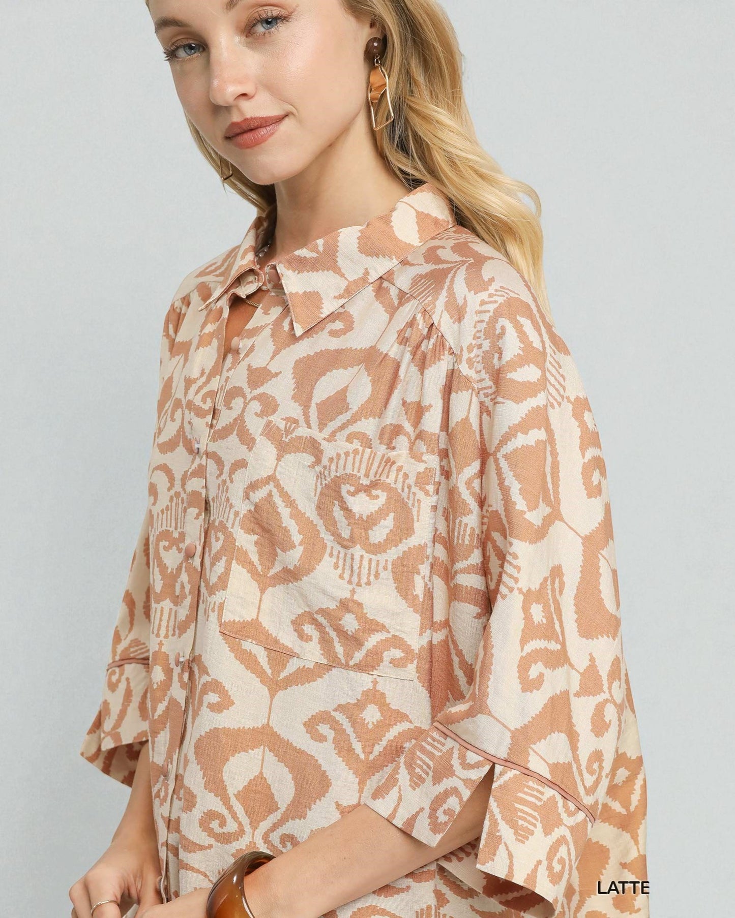 Tan & Cream Ikat Button Front Top