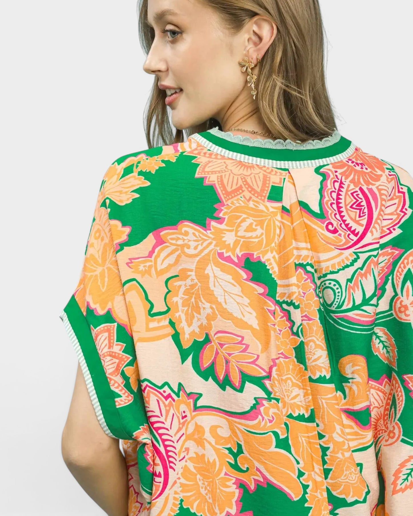 Green & Apricot Paisley Short Sleeve Top