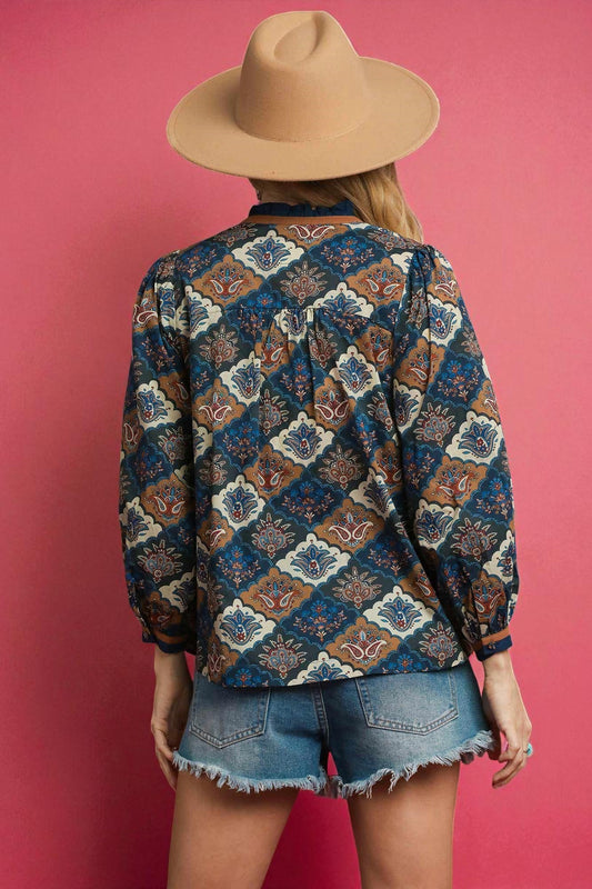 Midnight & Cognac Boho Print Blouse