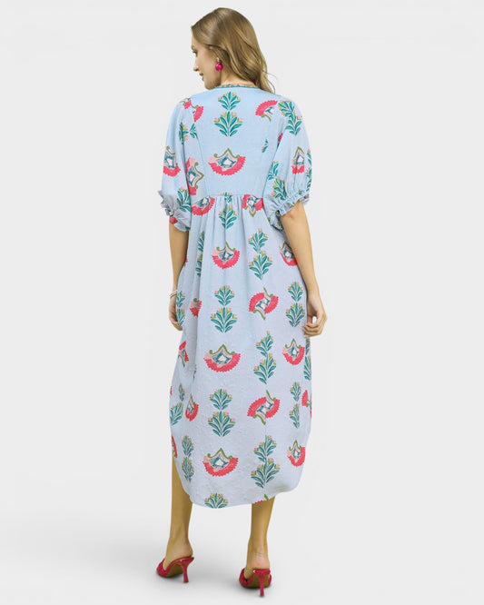 Powder Blue Botanical Print Midi Dress