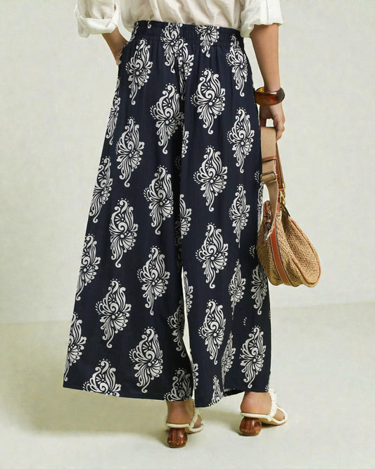 Navy & White Boho Print Wide Leg Pants
