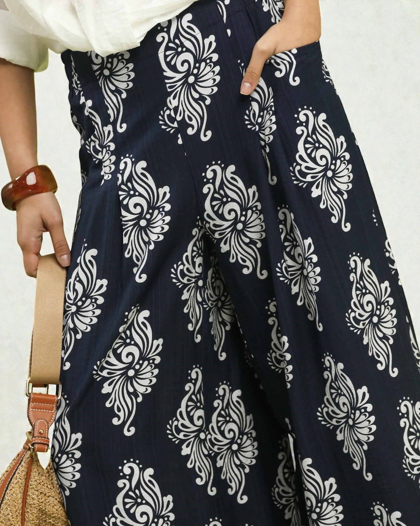 Navy & White Boho Print Wide Leg Pants