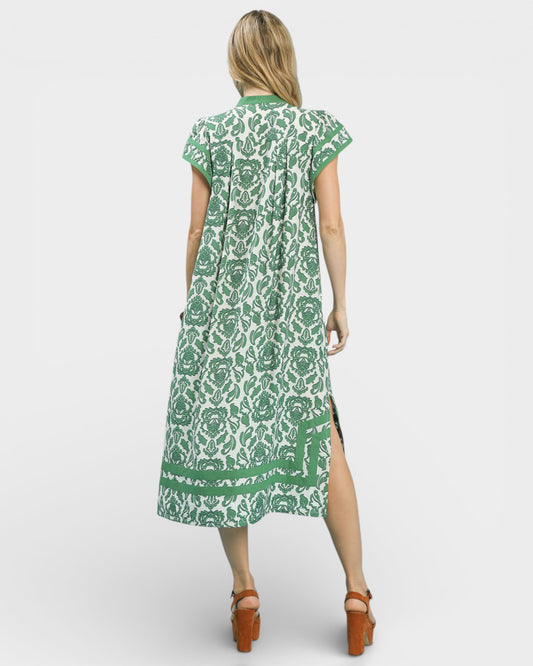 Green Damask Midi Dress with Pockets