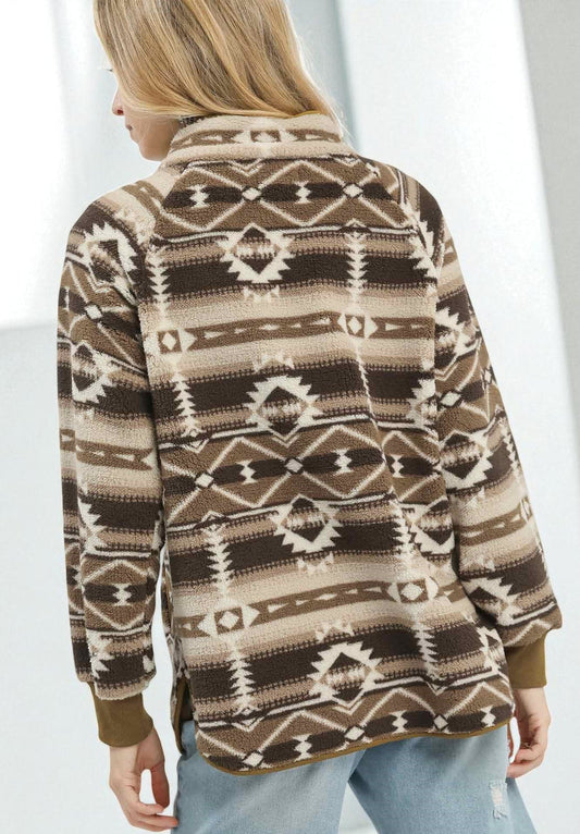 Person wearing a patterned brown sweater with a white background