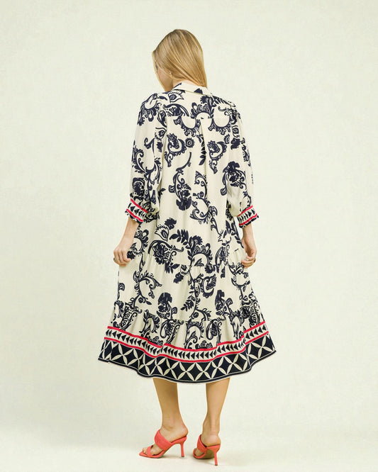 Ivory & Navy Printed Midi Dress