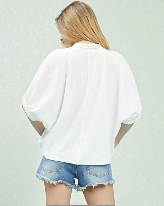 Ivory Split-Neck Dolman Top with Sand Trim