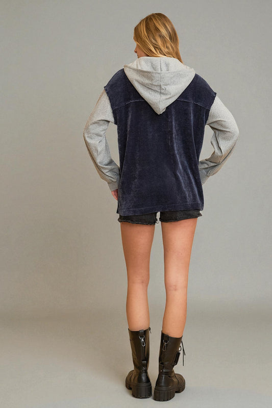 Midnight Chenille & Gray Knit Hooded Shacket
