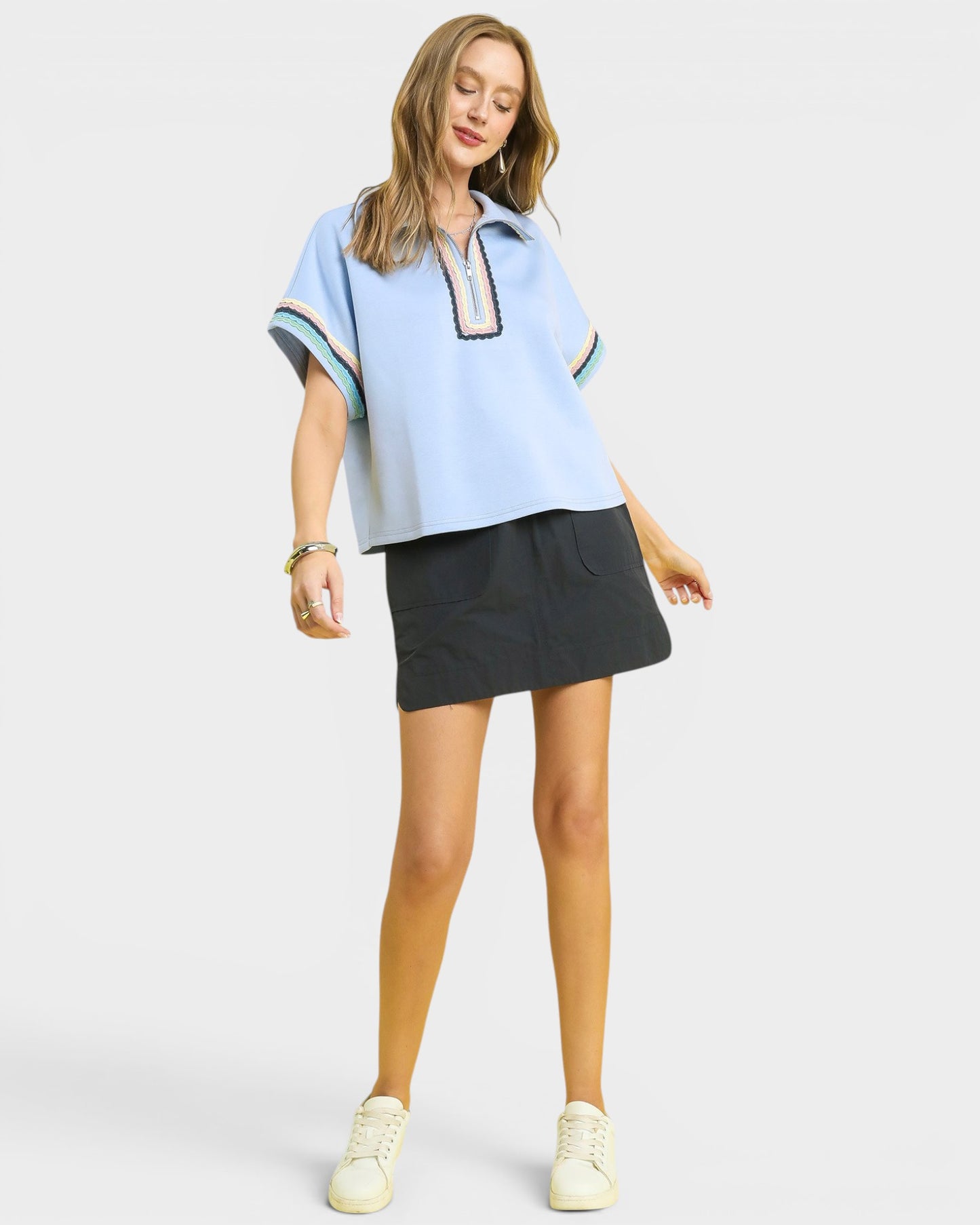 Powder Blue Zip Collar Trim Top