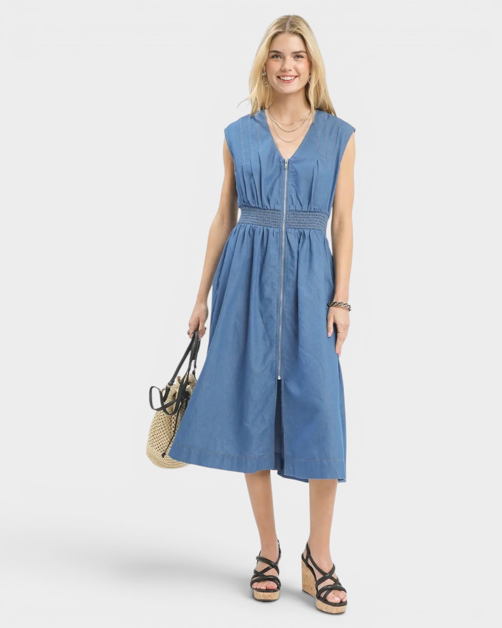 Denim Sleeveless Zip-Front Smocked Waist Midi Dress Large