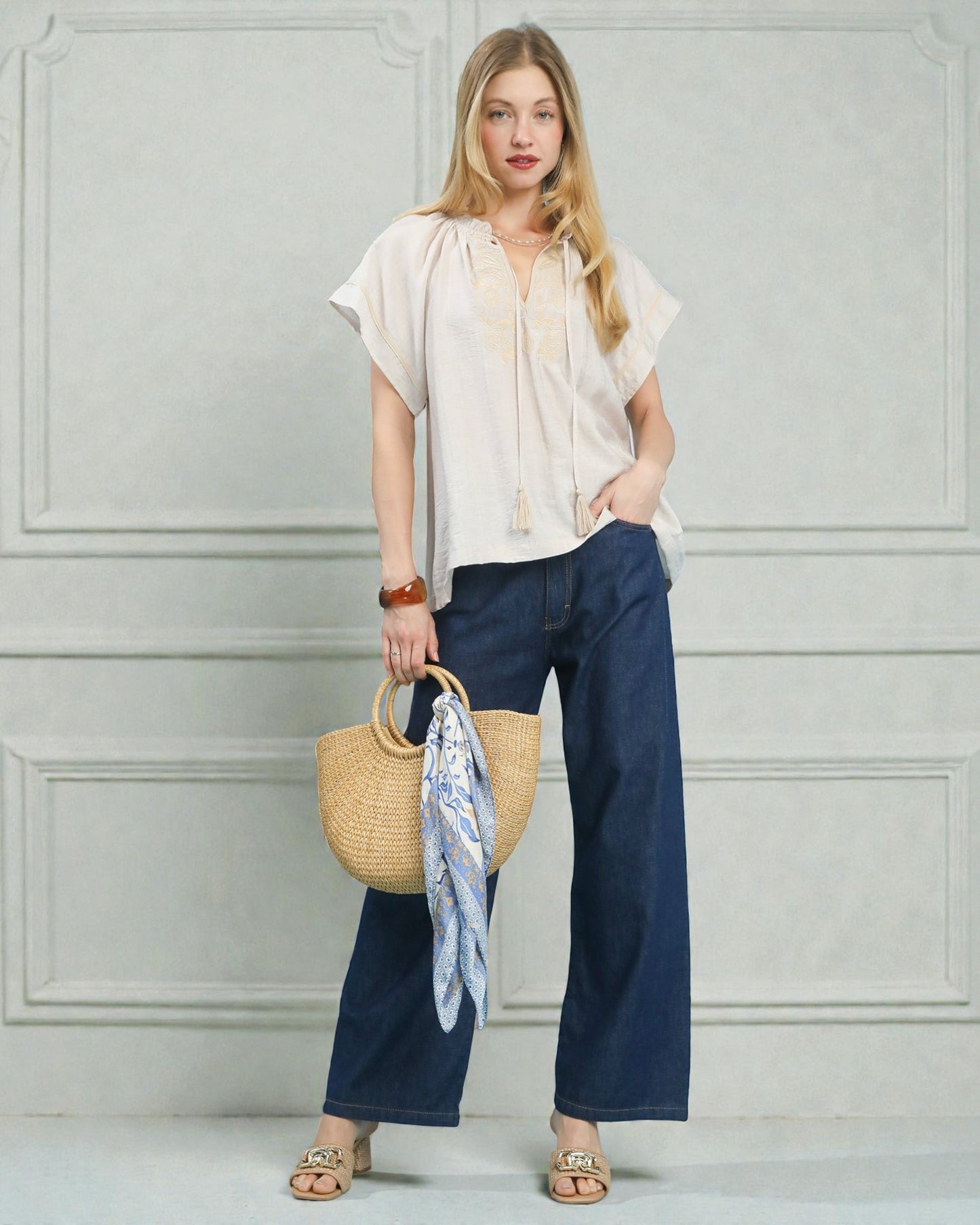 Ivory Embroidered Tassel Tie Blouse