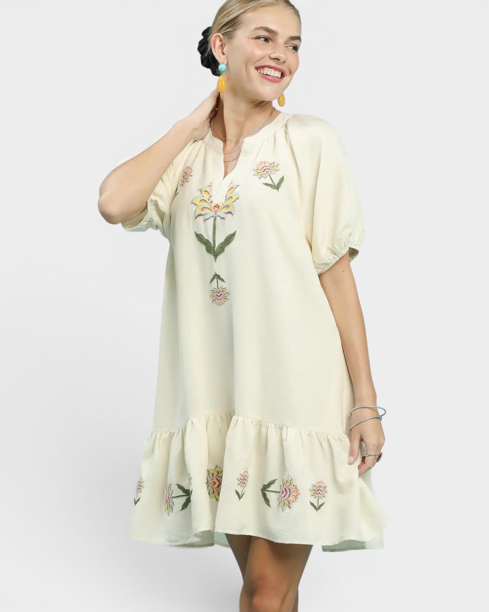UMGEE Cream Floral Embroidered Mini Dress Cream Floral / M