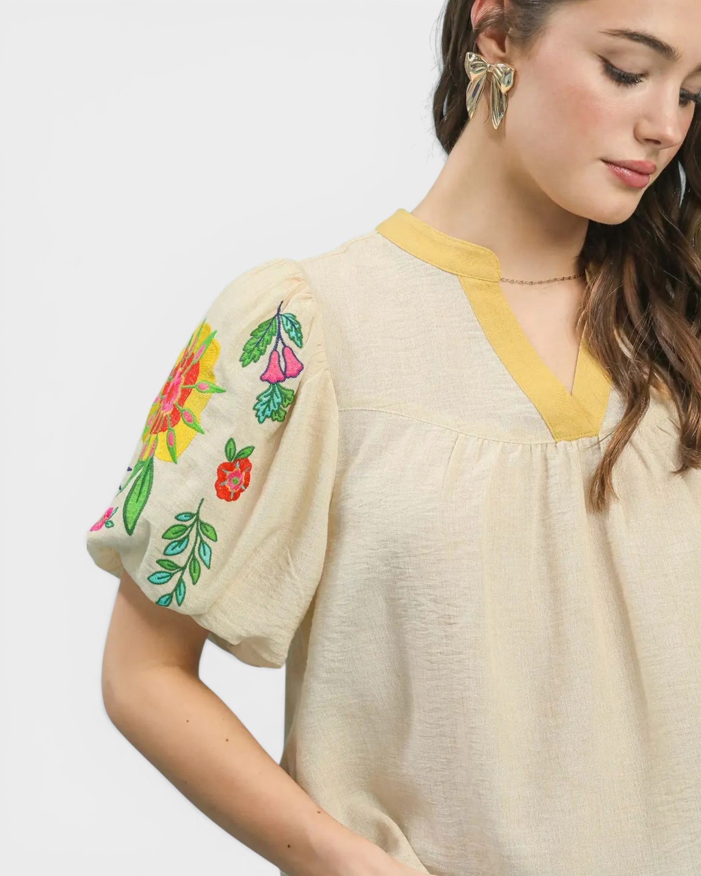 Oatmeal Embroidered Puff Sleeve Blouse