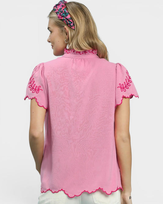 Bubblegum Pink Embroidered Scallop Sleeve Top